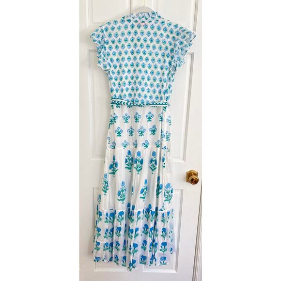 OLIPHANT Ruffle Collar Button Maxi Dress Blue White Block Print Tuckernuck M - Picture 7 of 9